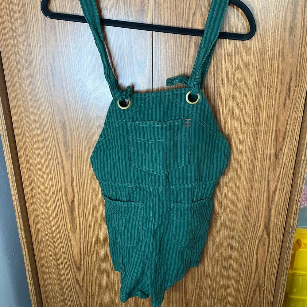 BDG Overall Romper Women XS Green Striped Linen Blend Tie Shoulder Bib Pockets